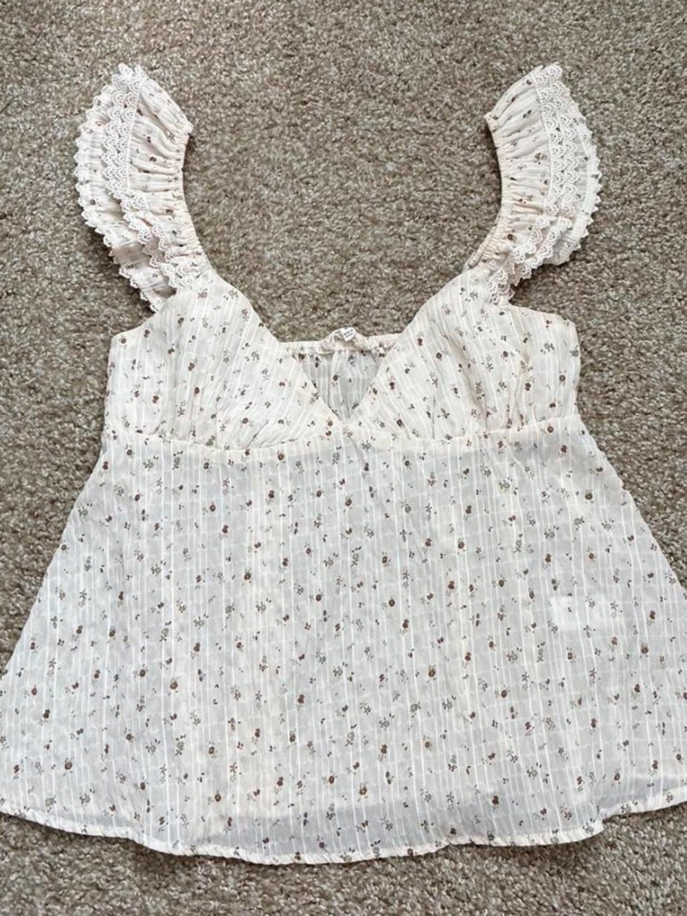 Light Cream Floral Eyelet Ruffle Tank Top